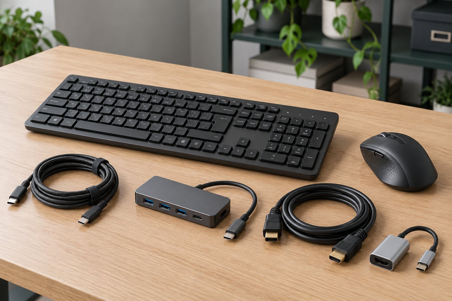 Teclado, ratón, cables, concentrador USB y adaptadores.
