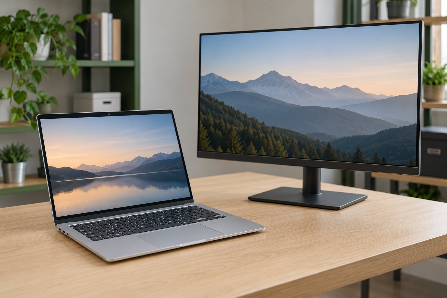 Portátil abierto junto a un monitor externo sobre un mostrador.