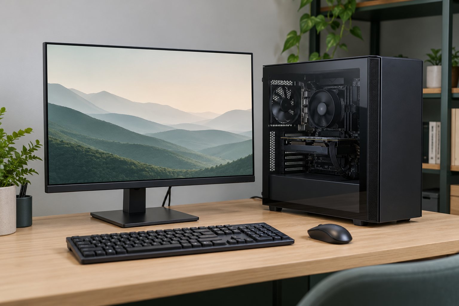 Ordenador de sobremesa con torre, monitor, teclado y ratón.