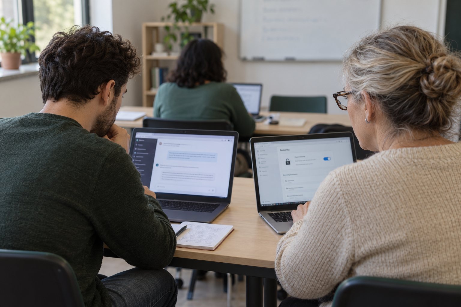 Dos personas practican con herramientas digitales y ajustes de seguridad en sus portátiles.